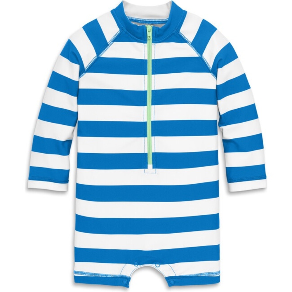 Primary Baby One Piece Blueberry Blue and White Striped Rash Guard 3-6